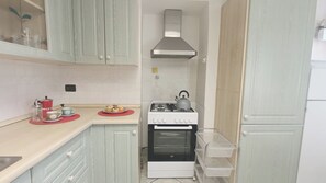 Une cuisine compacte équipée d’une cuisinière à gaz, d’un four et d’une hotte en acier inoxydable.