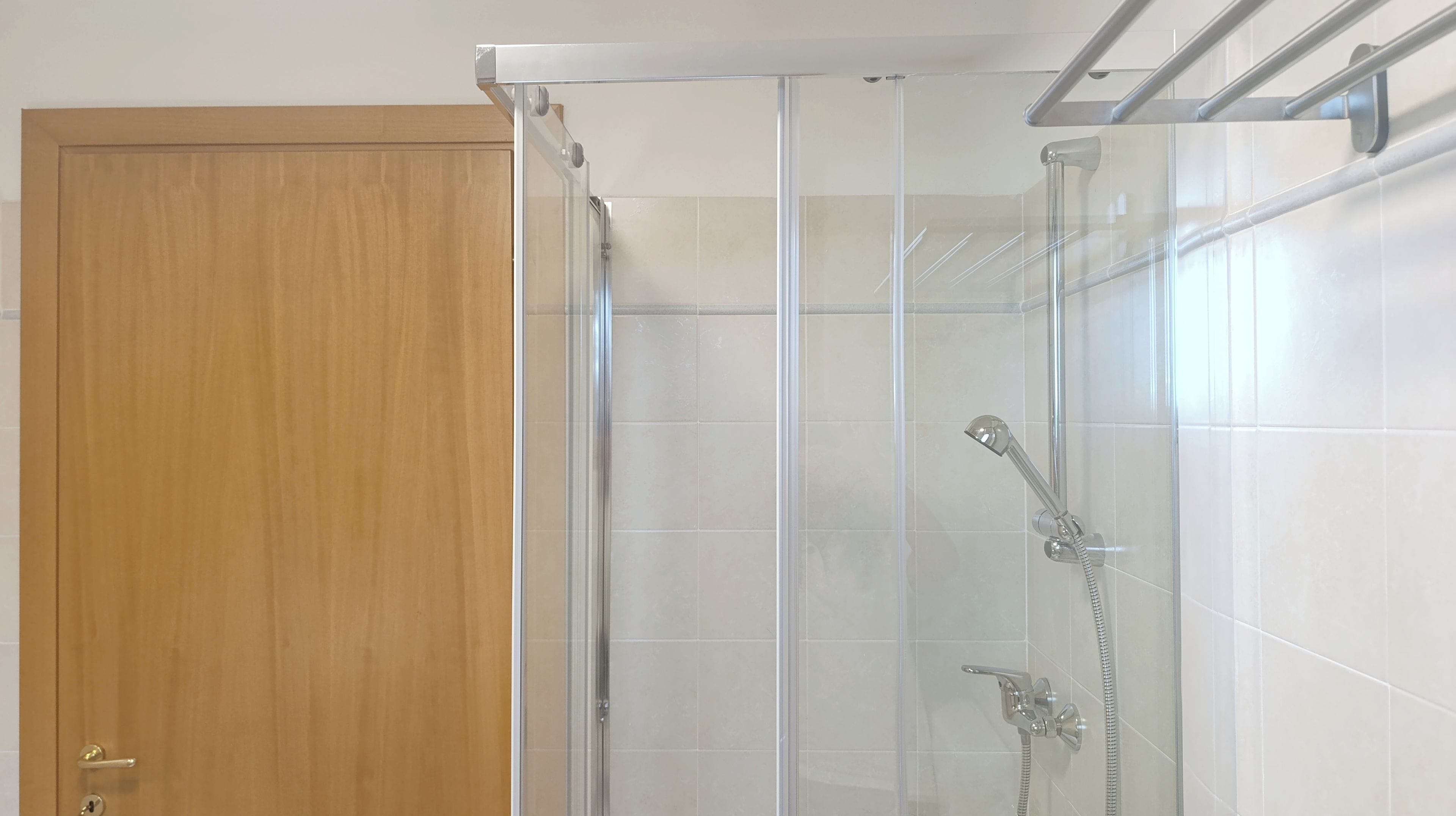 A shower enclosure with a glass door, a showerhead, and a handheld shower attachment.