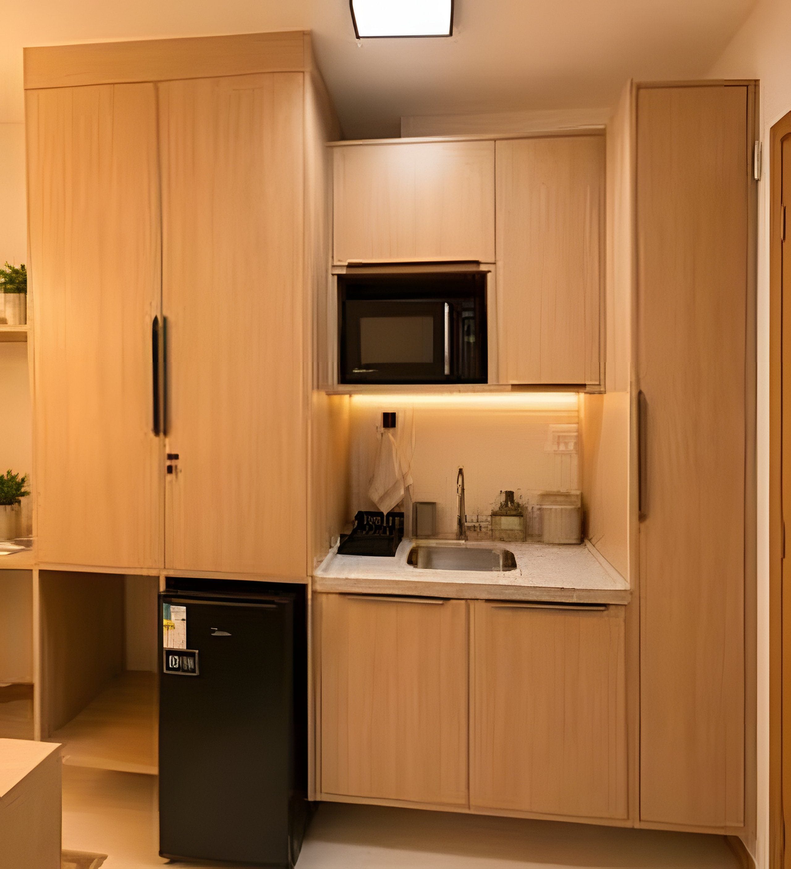 Cozinha compacta com armários de madeira, geladeira preta, micro-ondas e pia.