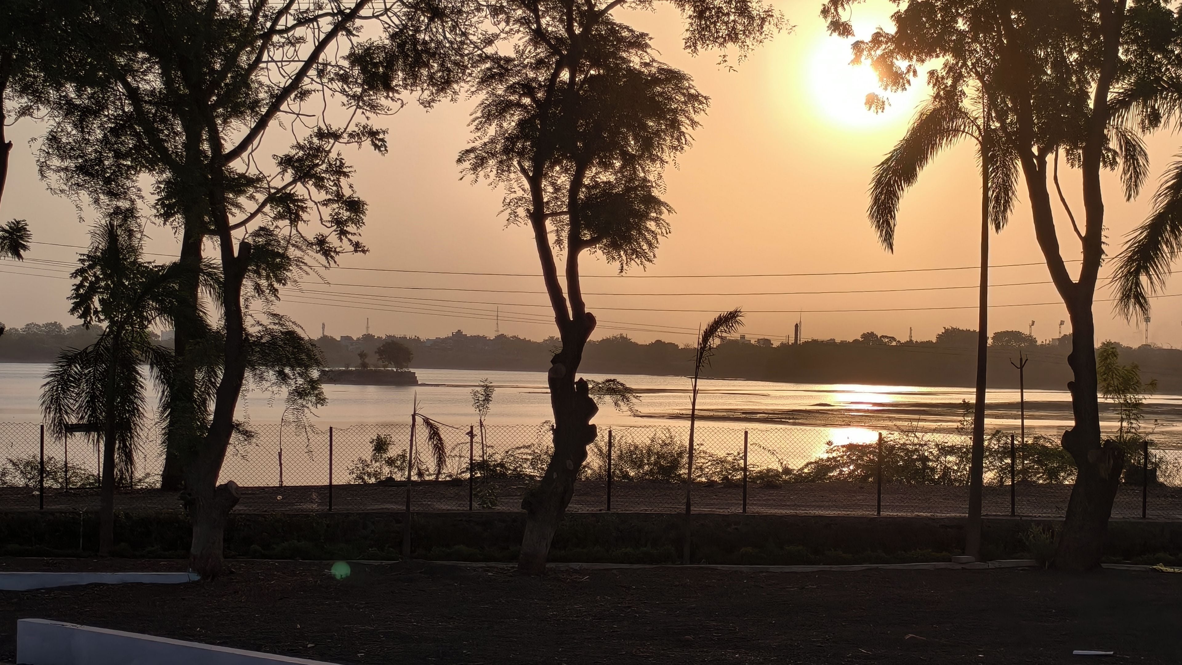 Une vue sur le coucher de soleil, avec des arbres et une étendue d'eau.