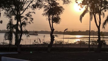 A sunset view with trees and a body of water.