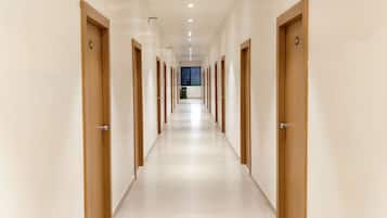 A long, narrow hallway with wooden doors on both sides, leading to a window at the end.