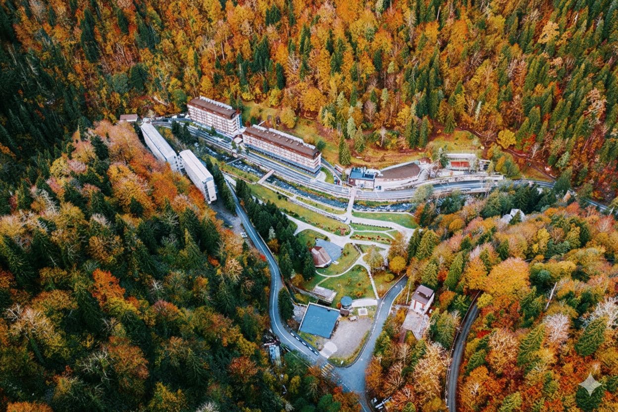 Une vue aérienne d’un complexe hôtelier comprenant plusieurs bâtiments, une route sinueuse et une forêt dense.