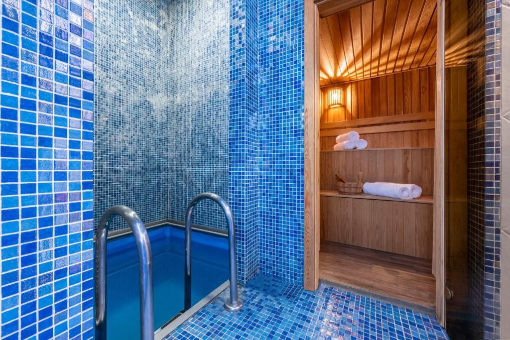 A bathroom with a blue-tiled shower enclosure, a wooden sauna area, and a metal ladder leading into the shower.