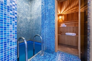 A bathroom with a blue-tiled shower enclosure, a wooden sauna area, and a metal ladder leading into the shower.