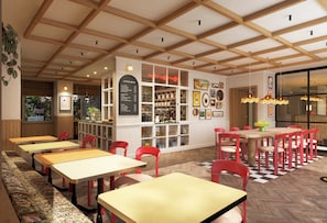 A cafe with wooden ceiling beams, red chairs, and a coffee menu on the wall. - REPERE HOTEL (Boulogne Billancourt)