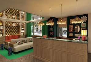 A modern living room with a sofa, a wooden cabinet, and a green carpet. - REPERE HOTEL (Boulogne Billancourt)