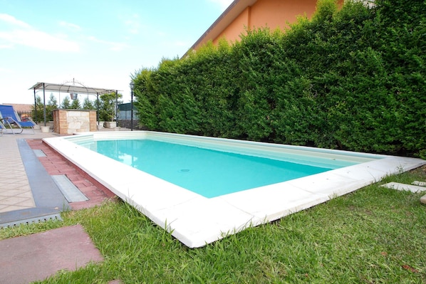 A rectangular swimming pool with a white edge, surrounded by grass and a hedge.