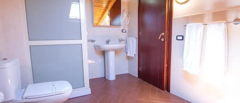 A bathroom with a toilet, sink, and shower area.