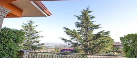 A balcony with a view of a cityscape, trees, and a clear sky.