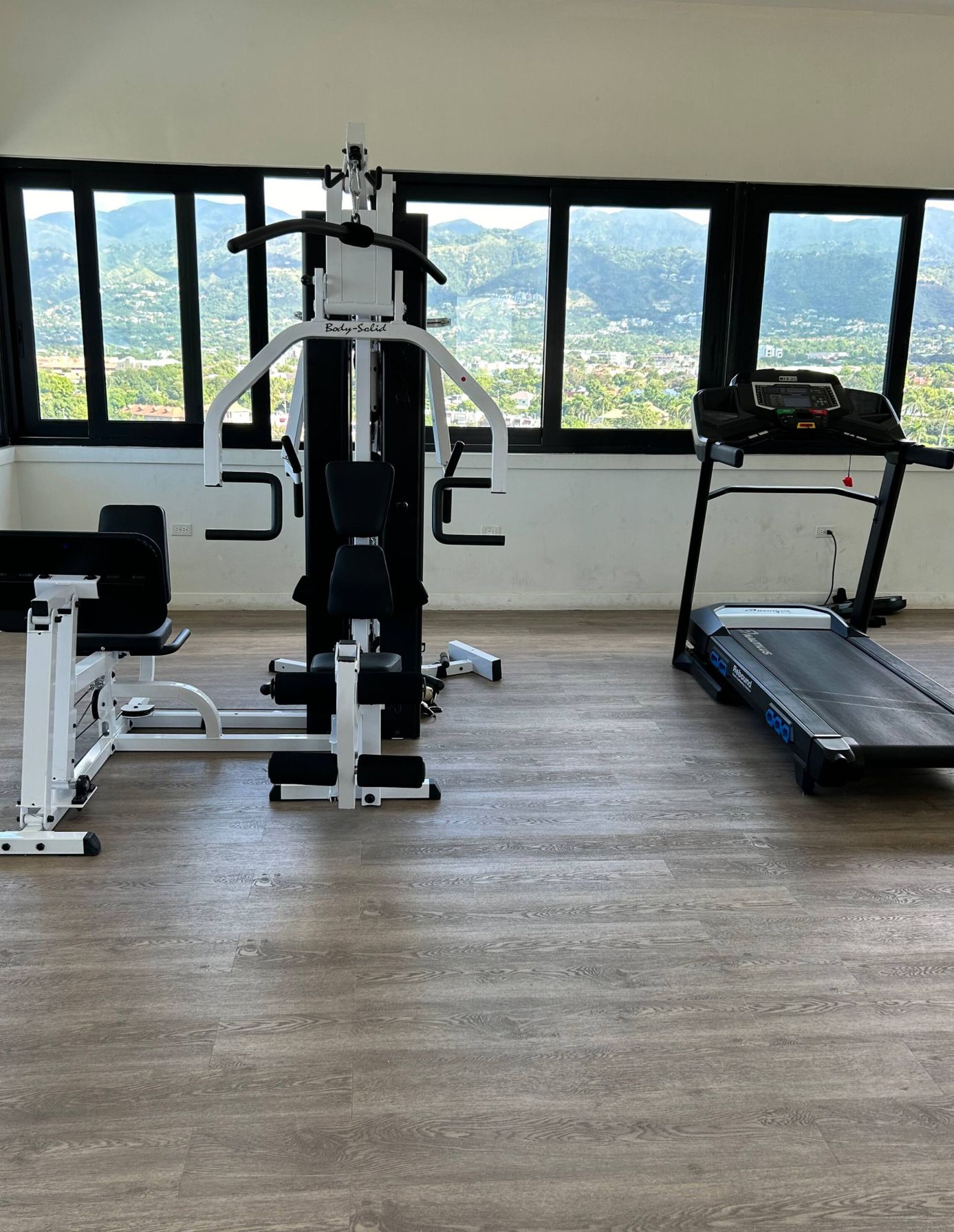 Un gimnasio con cinta de correr y máquina Body-Solid, amplias ventanas con vistas a montañas y suelo de madera.