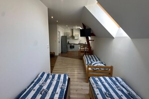A narrow room with a sloped ceiling, a kitchenette, and two wooden beds with striped bedding.