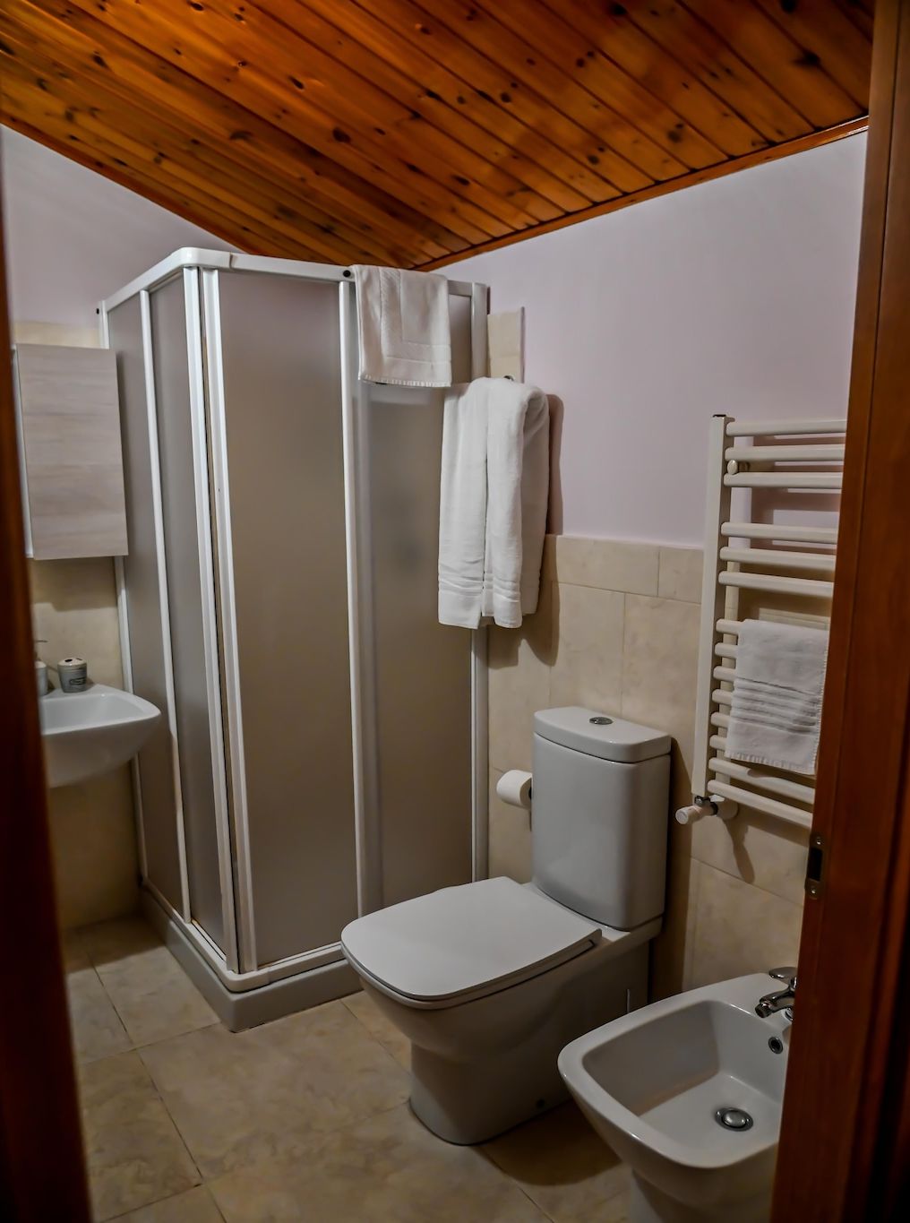 Une salle de bain équipée d’une douche, de toilettes, d’un lavabo et d’un porte-serviettes.