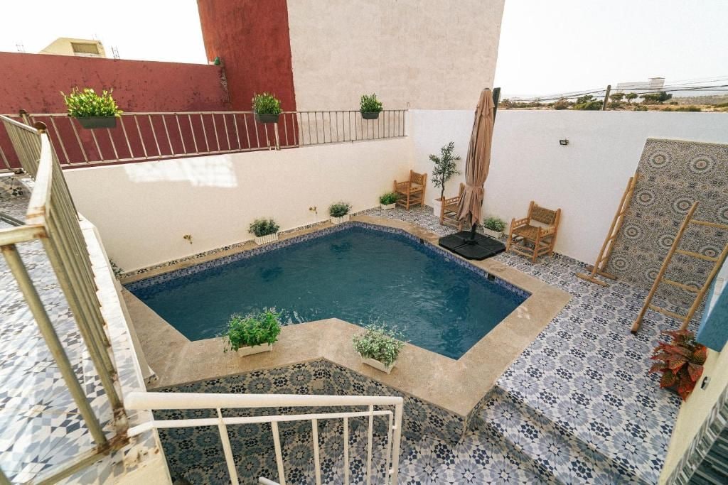 Una piscina en la azotea con solárium de baldosas, plantas en macetas y mobiliario de exterior.