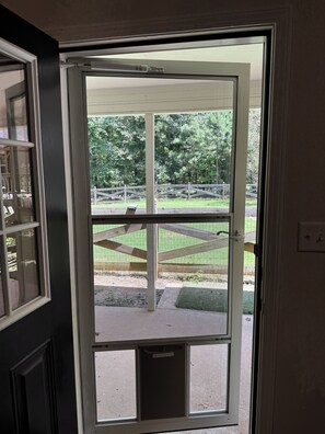 Una porta amb vistes a zona exterior amb tanca i vegetació.