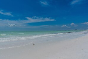Ein Strand mit blauem Himmel und ruhigem Wasser.