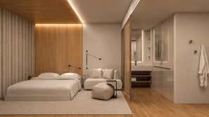 A modern bedroom with a bed, a nightstand, a bedside table, a lamp, and a wardrobe. - V3rso Nilo Square (Porto Alegre)