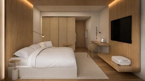 A modern bedroom with a large bed, bedside tables, a flat-screen TV, and a wardrobe. - V3rso Nilo Square (Porto Alegre)