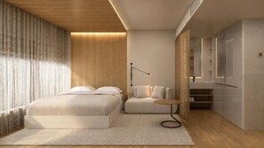 A modern bedroom with a bed, a sofa, a small round table, and a wardrobe. - V3rso Nilo Square (Porto Alegre)