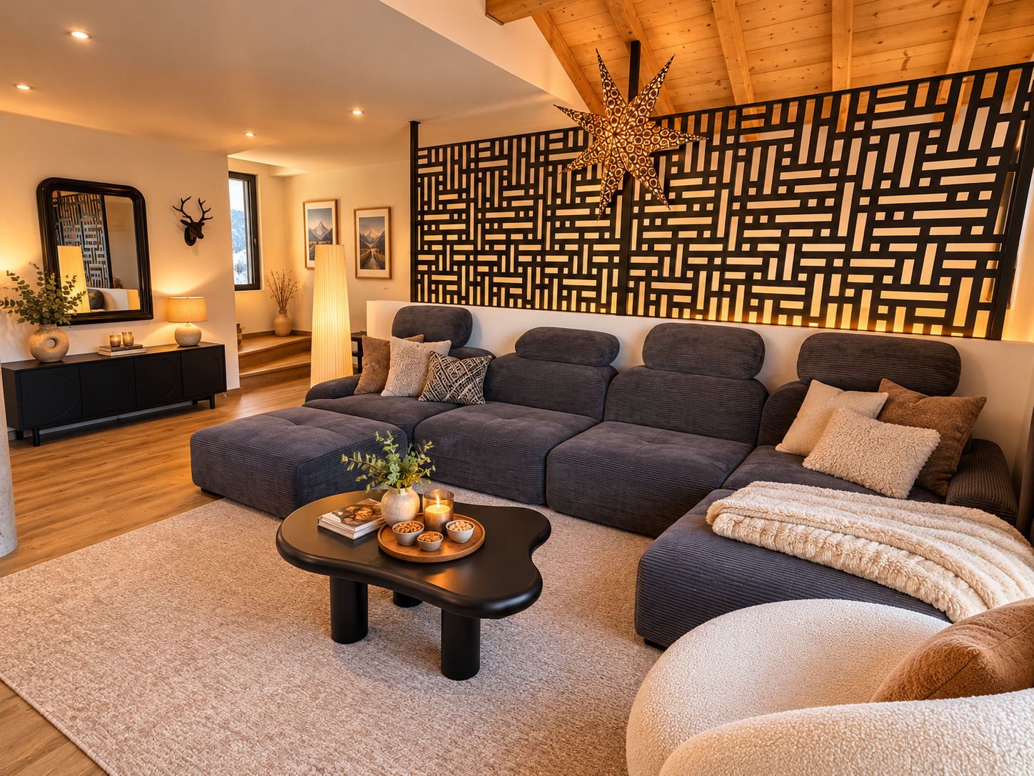 Ein modernes Wohnzimmer mit einer Eckcouch, einem Couchtisch mit Dekorationselementen, einem Wandteiler mit Muster und einer Holzboden.