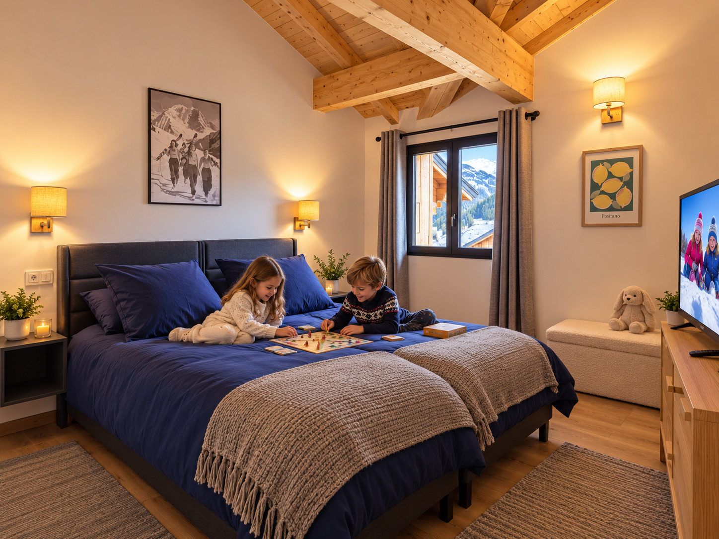 Ein Schlafzimmer mit einem großen Bett, zwei Nachttischlampen, einem Fernseher und einem Fenster mit Vorhängen.