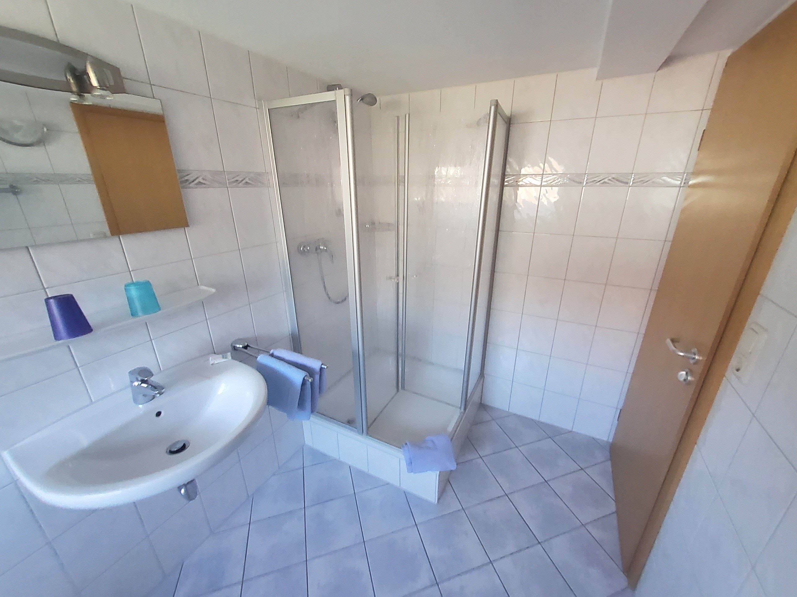Ein Badezimmer mit Dusche, Waschbecken und Spiegel.