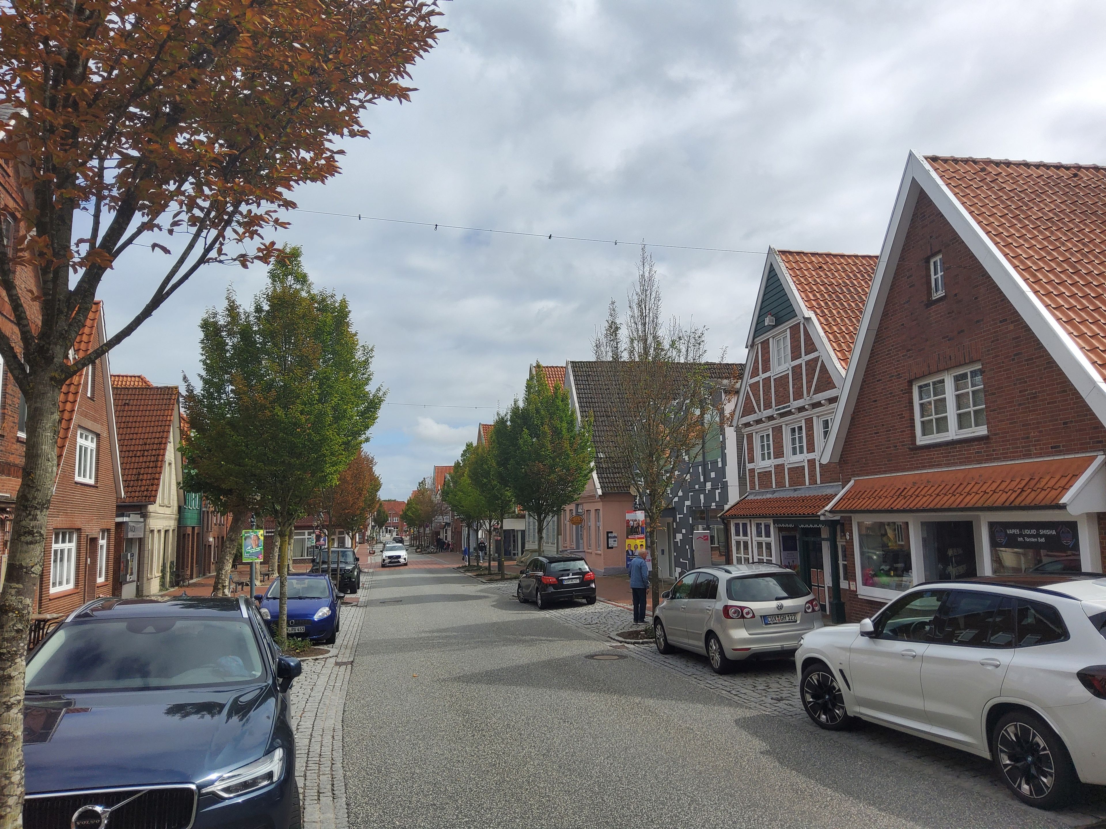 Une rue bordée de bâtiments traditionnels, de voitures garées et d’arbres aux feuilles d’automne.