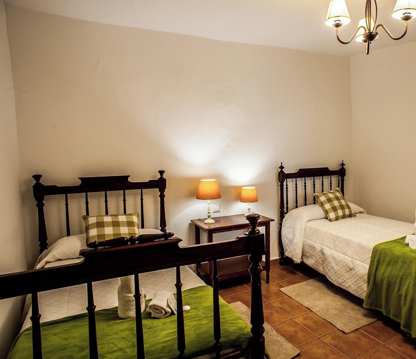 A bedroom with two beds, a nightstand, a lamp, and a green rug.