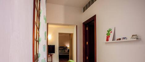 A hallway with a television, a cactus painting, and a shelf with books and a small bag.