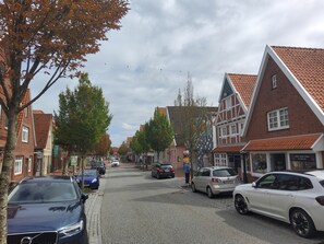 Eine Straße gesäumt von traditionellen Gebäuden, parkenden Autos und Bäumen mit Herbstlaub.