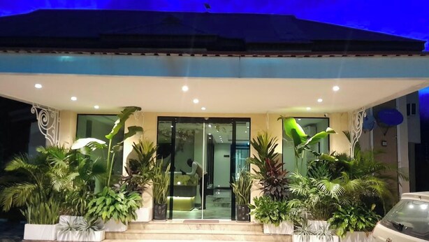 Entrada de un hotel con un toldo, plantas en macetas y un coche estacionado afuera.