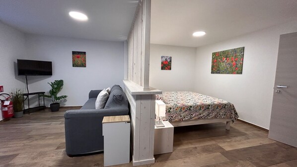 A compact bedroom with a bed, a pull-out sofa, a TV, and a small table.