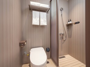 A modern bathroom with a toilet, a shower, and a towel rack. - G Jinhua Hotel Apartments - Shanghai (Shanghai)