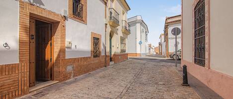 A cobblestone street flanked by buildings with traditional architecture, including wooden doors and barred windows.