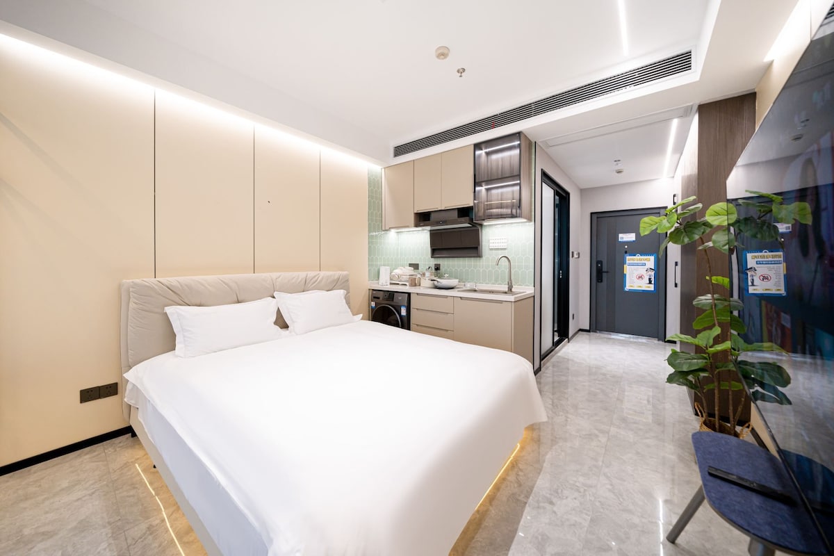 A hotel room with a bed, a small kitchenette, a bathroom, and a potted plant.
