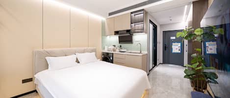 A hotel room with a bed, a small kitchenette, a bathroom, and a potted plant.