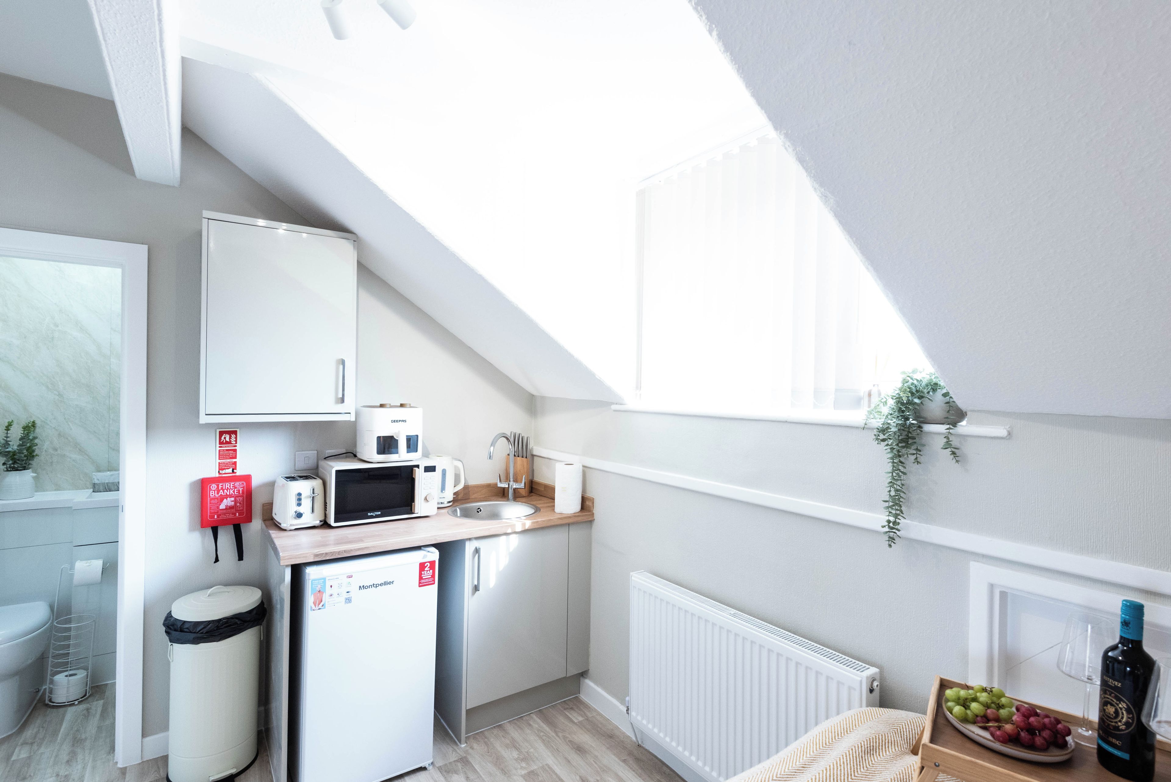 A compact kitchen with a microwave, toaster, and sink. There is a fire blanket on the wall, a radiator, and a window with a plant.