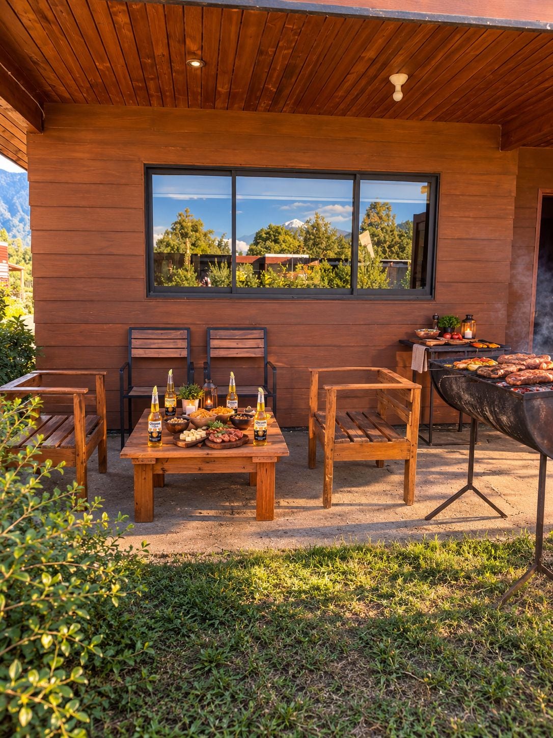 An outdoor dining area with a wooden table set for a meal, two chairs, and a grill.