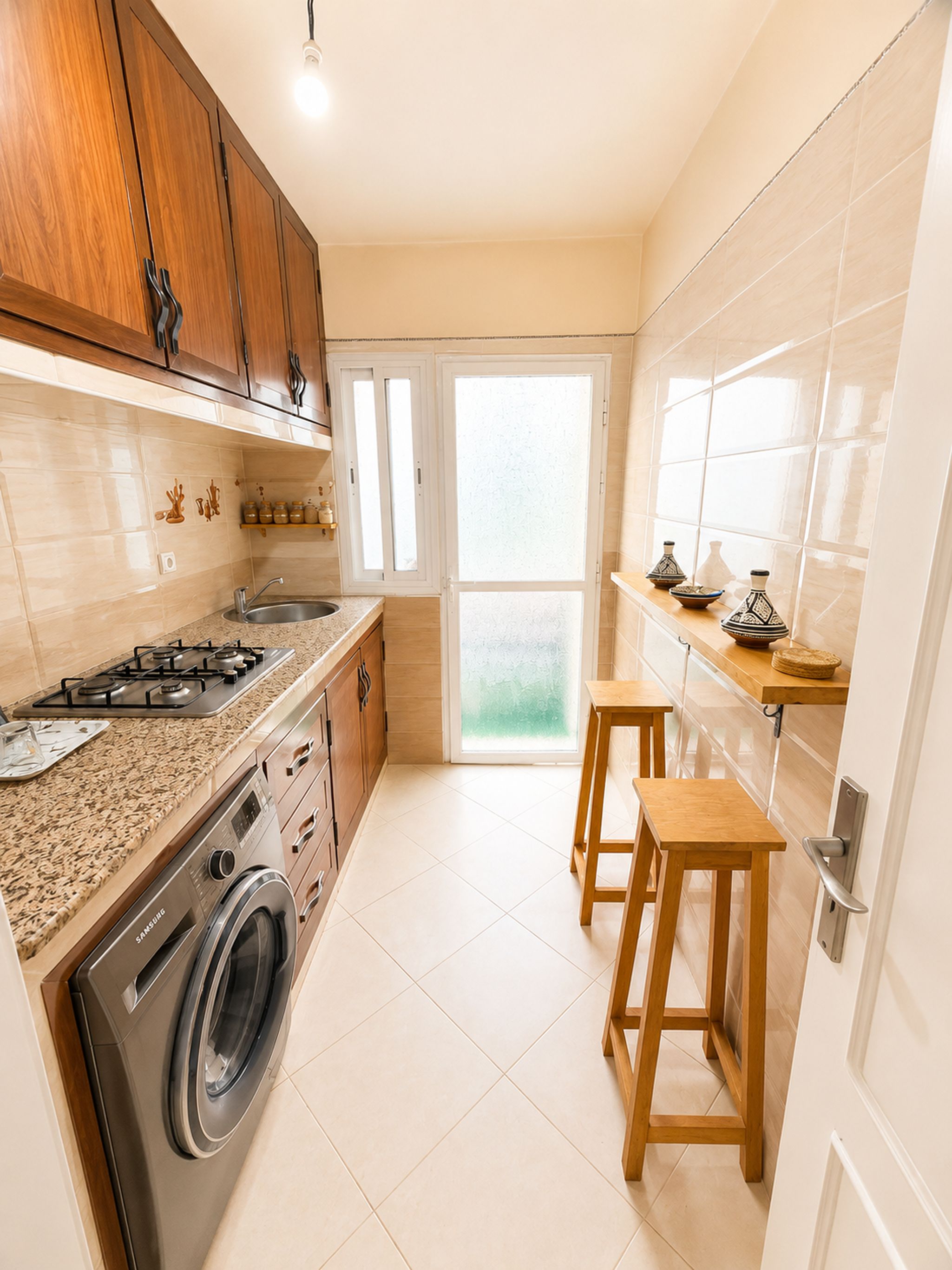 A compact kitchen with a washing machine, wooden cabinets, a stainless steel sink, and a small wooden table.