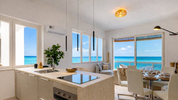 A modern kitchen with an island, dining area with chairs, a table set for dining, and large windows with a view of the ocean. - Marzamemi on the Beach Sicilymyhome (Pachino)