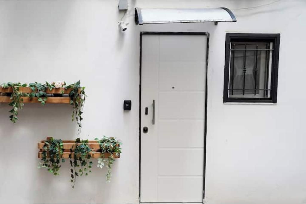 A white door with a small window to the right, a mailbox on the wall, and two wooden planters with greenery.