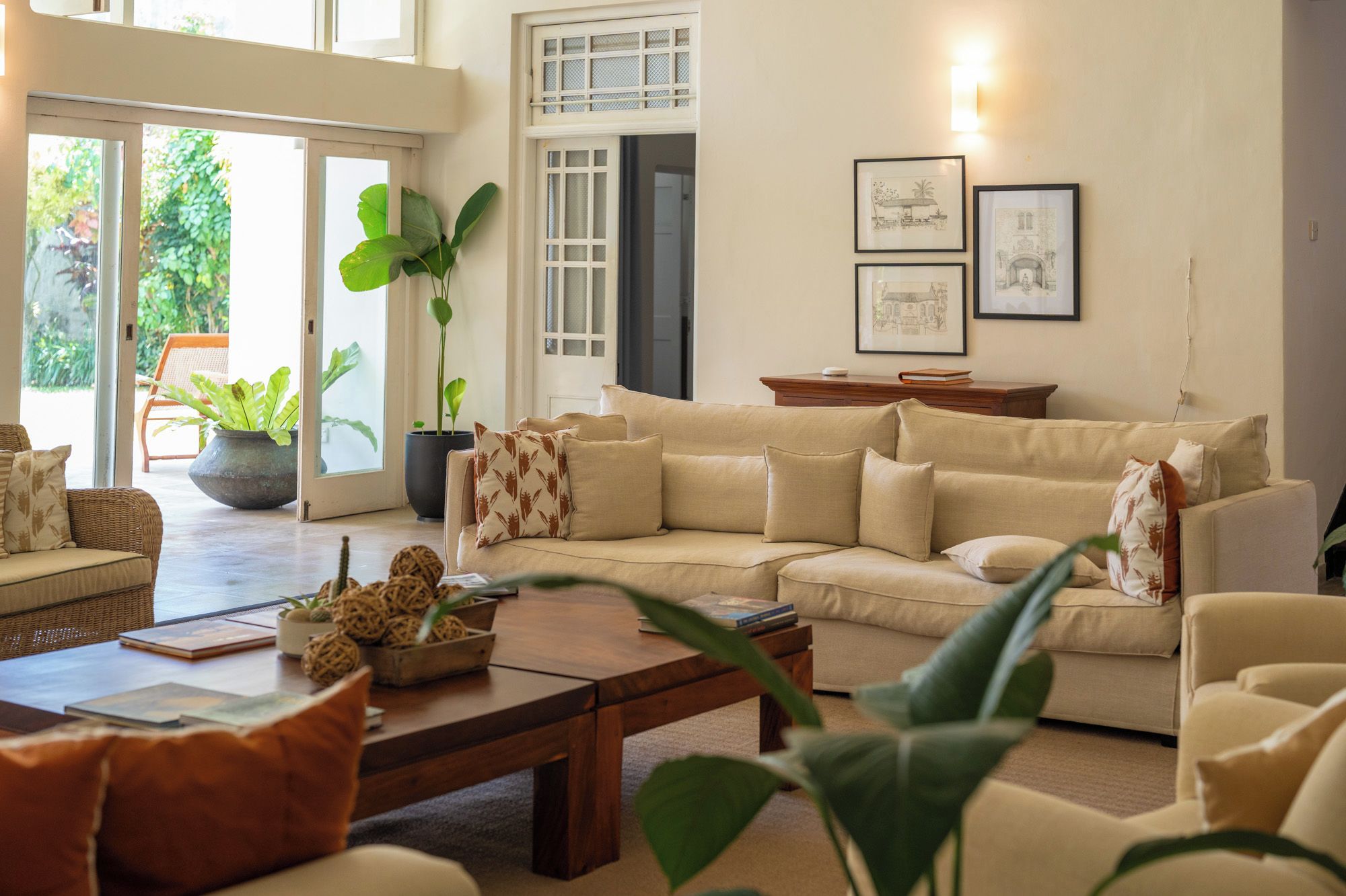 A living room with a beige sofa, a wooden coffee table, and a potted plant.