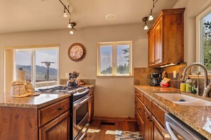 A kitchen with a stove, sink, and wooden cabinets. - Secluded private home with incredible views (Silverthorne)