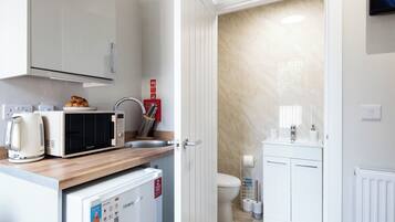 Fridge, microwave, electric kettle, toaster