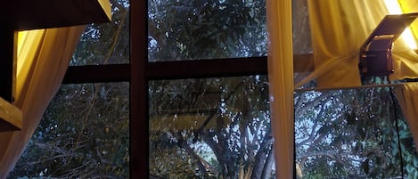 A room with a bathtub, a window with curtains, and a view of trees.