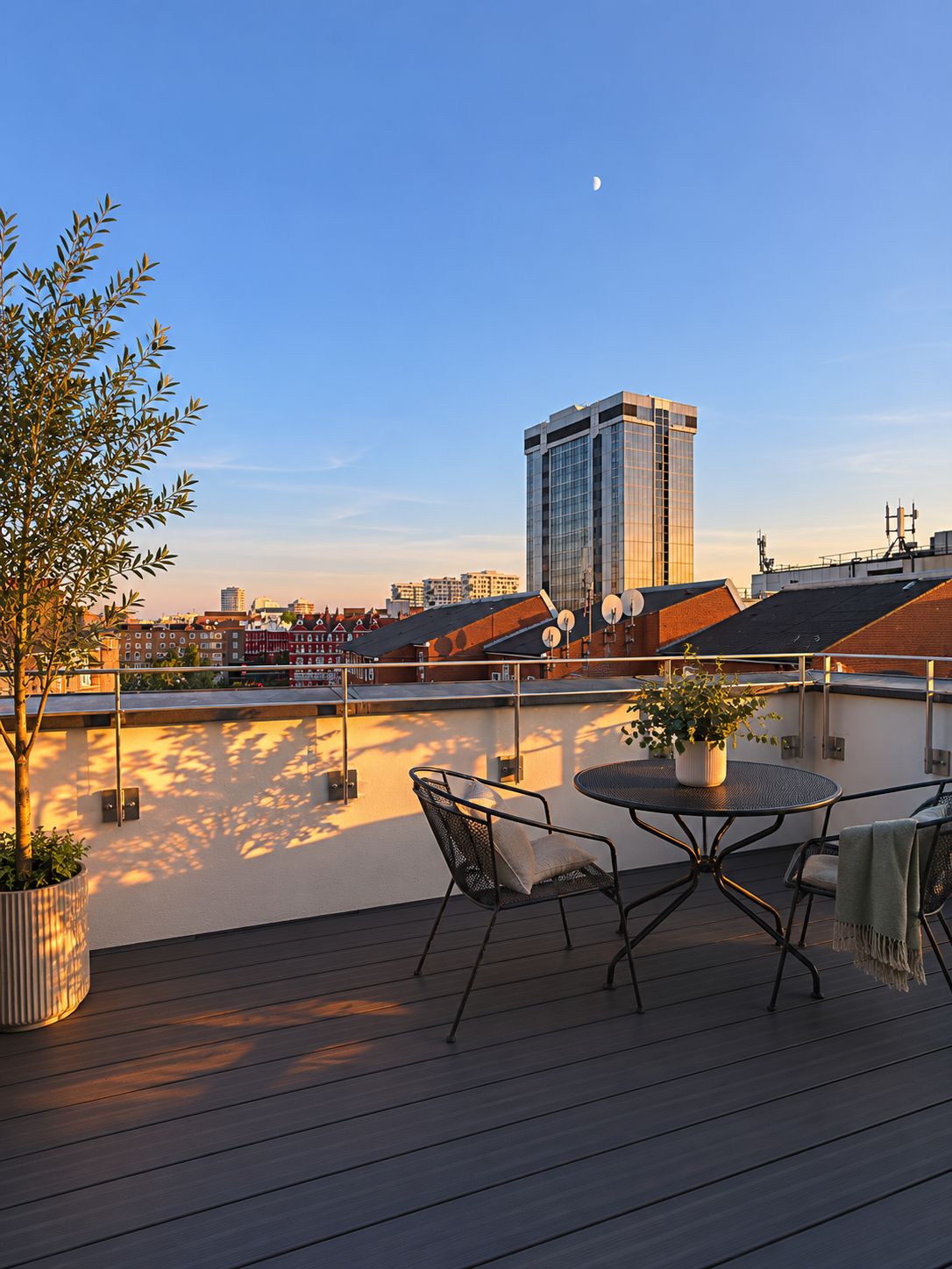A rooftop terrace with a table and chairs, a potted plant, and a view of a cityscape including a tall building.