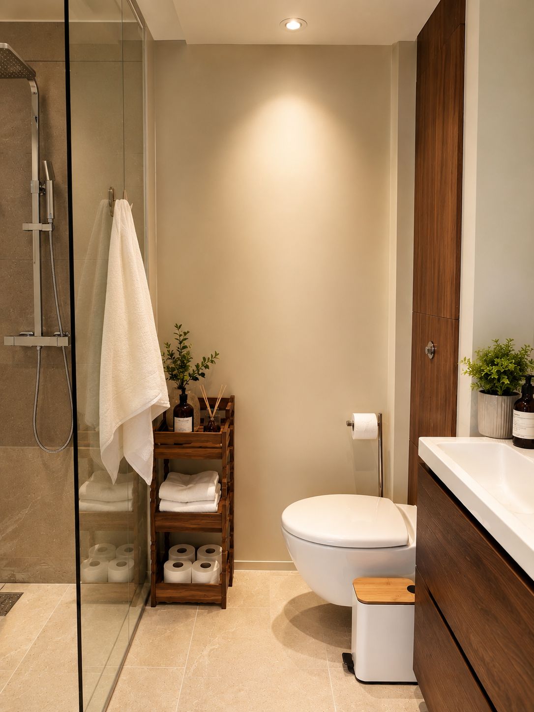 A modern bathroom with a glass-enclosed shower, a toilet, and a wooden vanity.