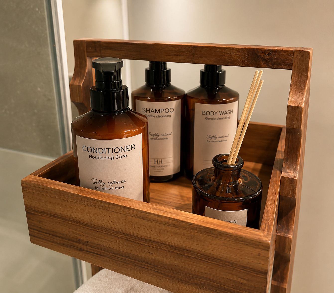 A wooden tray holding three bottles of personal care products, including conditioner, shampoo, and body wash.
