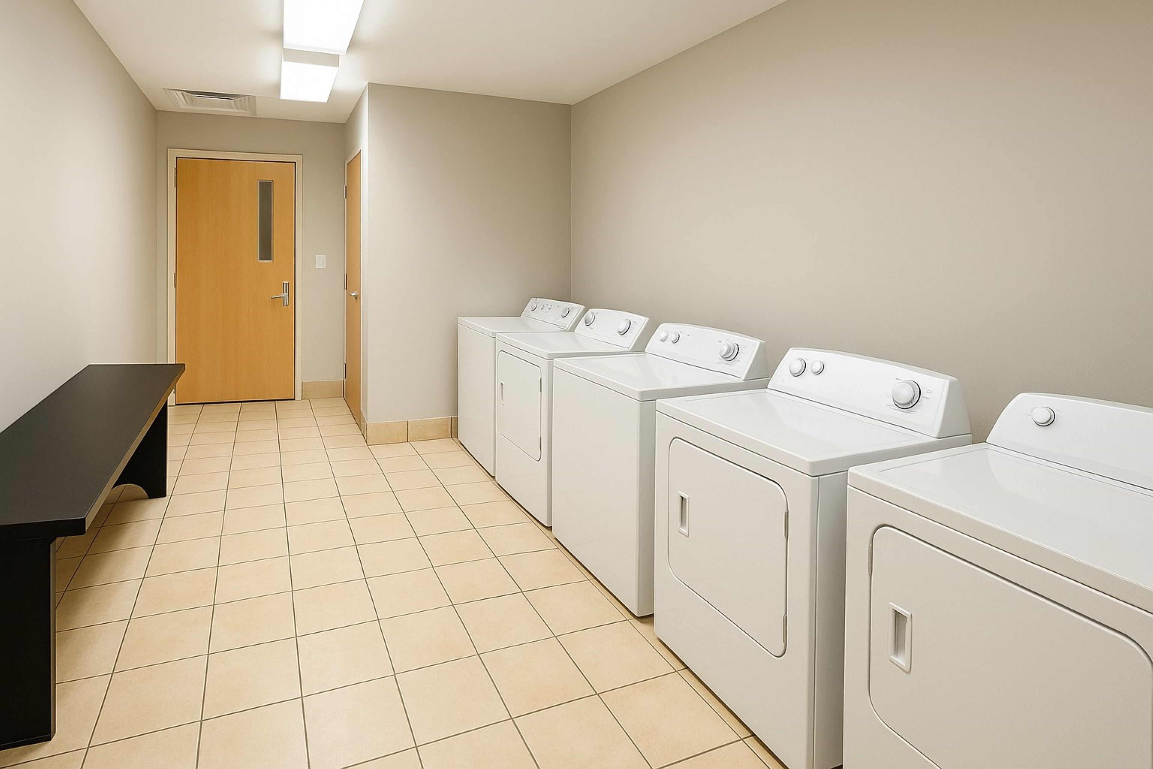A laundry room with four white washing machines, a bench, and a door at the end of the hallway.