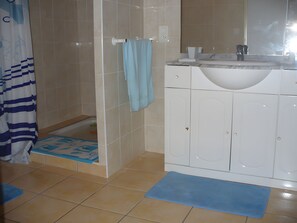 A bathroom with a shower, a sink, and cabinets. - Gîte Chez Françoise et Jean: Natural Air Conditioning in Saint-Lon-les-Mines (Saint-Lon-les-Mines)